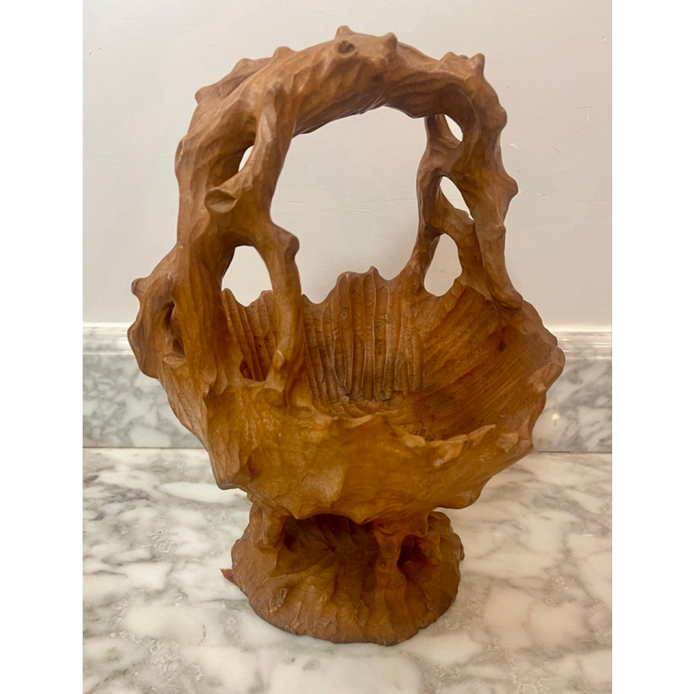 Hand Carved Burl Wood Basket Taiwan 12” Organic Root Sculpture Boho Decor READ